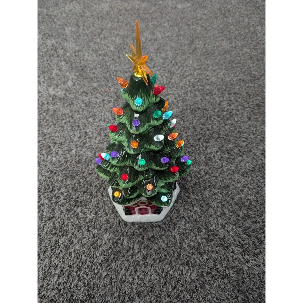 Ceramic Green Christmas Tree On House With LED Lighting Holiday Art Decor 18